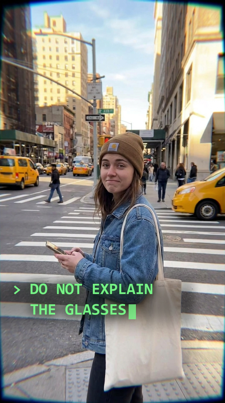 POV still through smart glasses: a woman at a New York crosswalk turns toward camera with a guarded half-smile. Green monospace overlay reads: DO NOT EXPLAIN THE GLASSES.